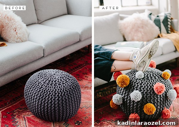 How to make a pom pom DIY ottoman for fall (and beyond). Great for a kids room or kids at heart.