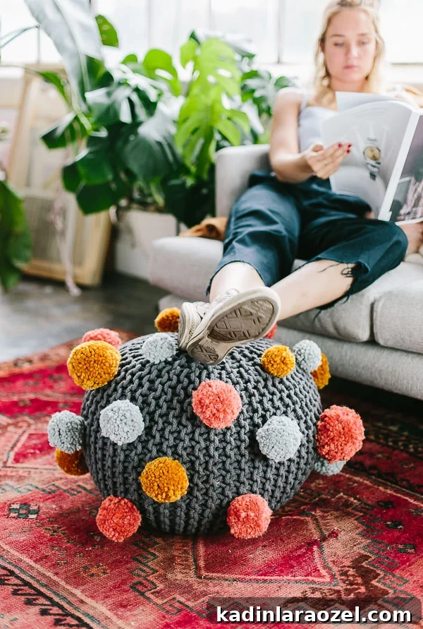 How to make a pom pom DIY ottoman with just a few supplies.