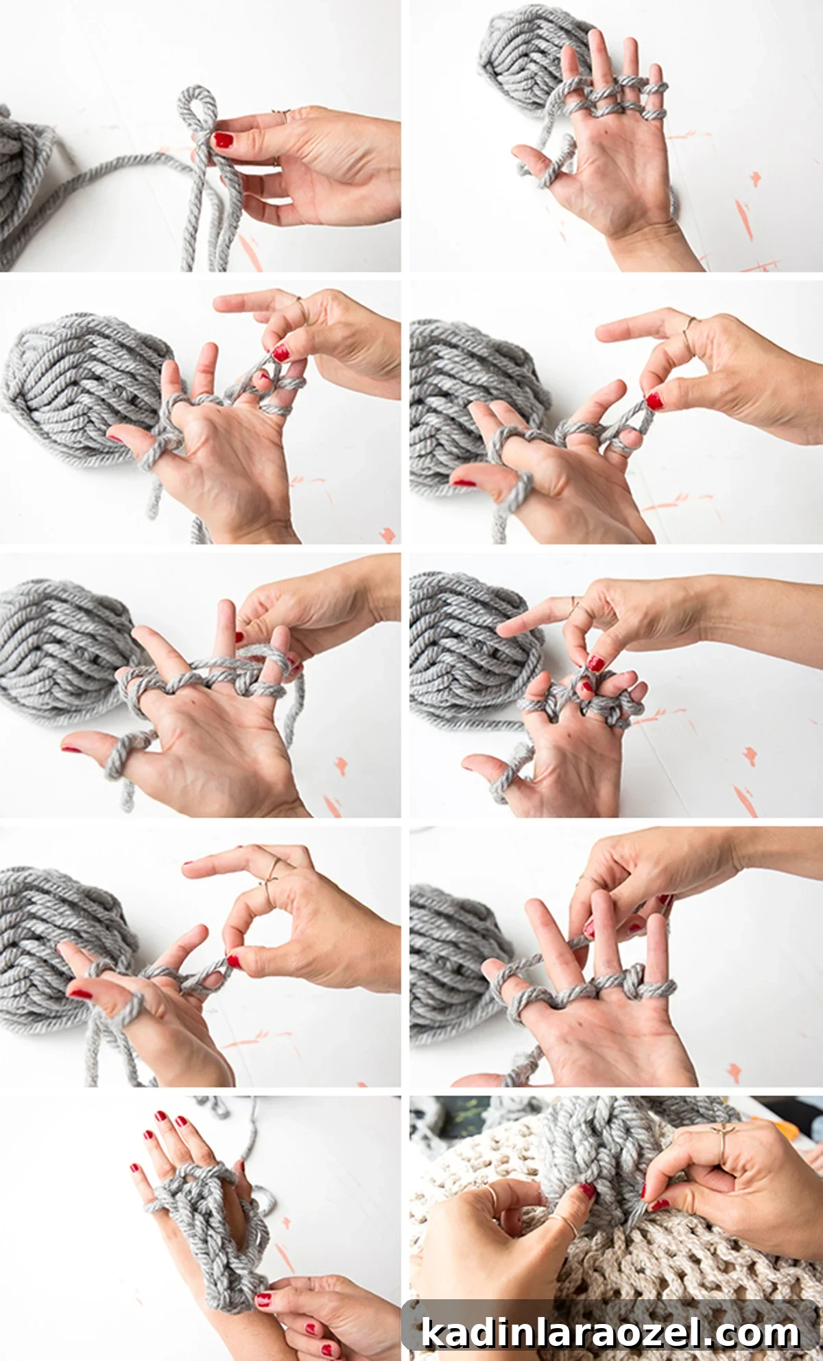Steps that show how to finger knit the stem for a giant knit pumpkin