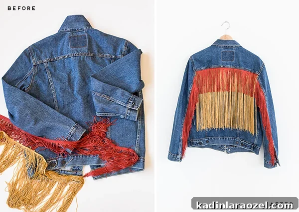side by side jean jacket with a without embellished fringe