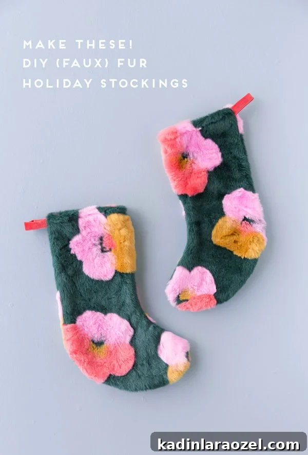 Make these DIY faux fur Christmas stockings for the holidays! Easy to make and so cute too - inspired by Andy Warhol's pop art flower series. #holiday #tutorial #diy #christmasstocking #christmas 