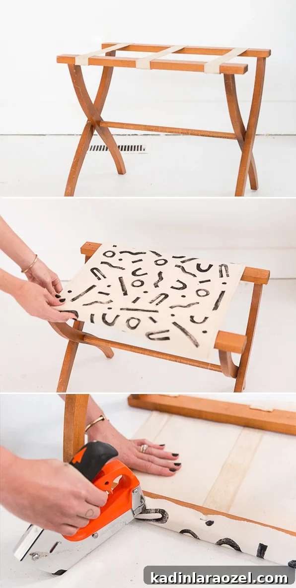 DIY Wooden Luggage Rack and Step-by-Step Fabric Block Printing Guide 3 Make this DIY luggage rack! It's handsewn, handstamped, and the perfect place for guests to put their suitcase when they come to visit! #diy #tutorial #luggage #luggagerack #handstamped