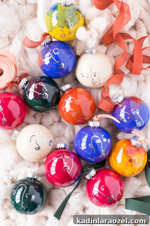 Colorful round ornaments with hand drawn abstract faces on them