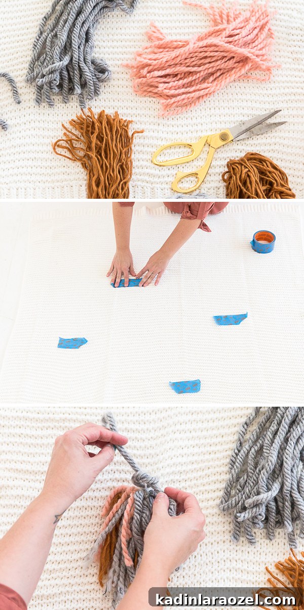 DIY Tassel Blanket Tutorial for a Cozy Winter Home 2 Cozy up with this DIY tassel blanket for winter. It's an easy project, with a little yarn and an existing knit blanket. Click through for the step by step instructions. #diy #blanket #tassel #interiors #homedecor #housewares #cozy #winter