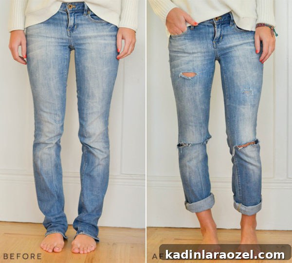 Jean Queen: 13 Stylish Ways to Upgrade Your Denim Wardrobe 10 How to turn regular jeans into relaxed fit boyfriend jeans. #denim #denimdiy #jeansdiy #fashiondiy