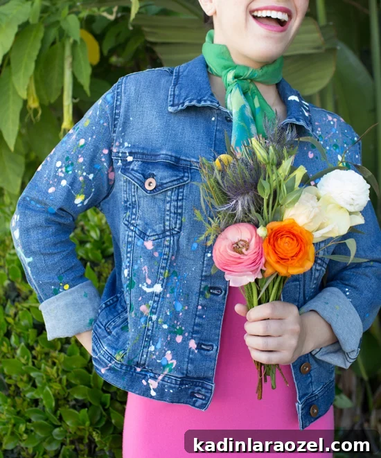 Jean Queen: 13 Stylish Ways to Upgrade Your Denim Wardrobe 5 DIY Splatter Paint Denim jacket Tutorial from OH Joy! Check out 13 Ways to Upgrade Denim Clothing. #denim #denimdiy #jeansdiy #fashiondiy