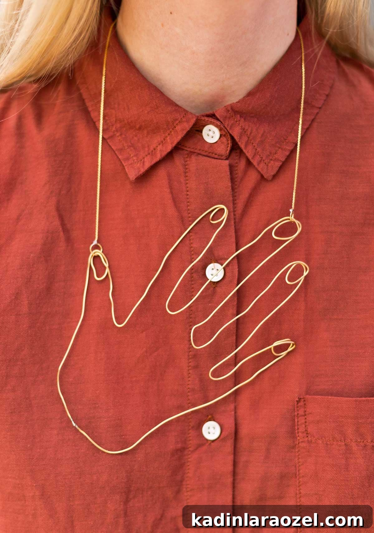 Wire Hand Necklace Tutorial: Beginner Soldering Project Guide 9 Large wire necklace, shaped like a hand being worn by woman wearing button down
