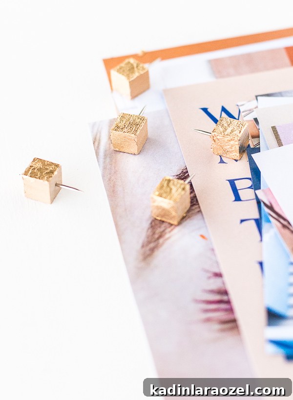 Gold Foil DIY Thumbtacks! Make these gold foil thumbtacks with this simple hack. #gold #organization #thumbtacks #office #moodboard #styleguide #inspo