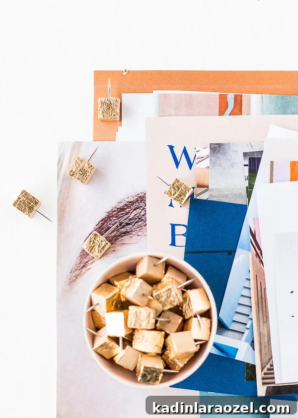 Gold Foil DIY Thumbtacks! Make these gold foil thumbtacks with this simple hack. #gold #organization #thumbtacks #office #moodboard #styleguide #inspo
