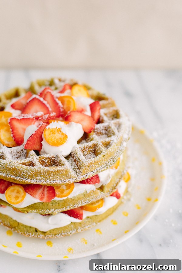 Matcha Waffles Recipe: Fluffy Green Tea Waffles with Crispy Edges 4 3 large stacked homemade waffles made with matcha, with fruit slices on top and whipped cream