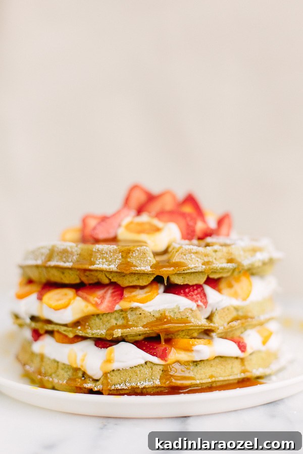Matcha Waffles Recipe: Fluffy Green Tea Waffles with Crispy Edges 5 3 matcha waffles stacked on top of each other with whipped cream and sliced fruit layers in between