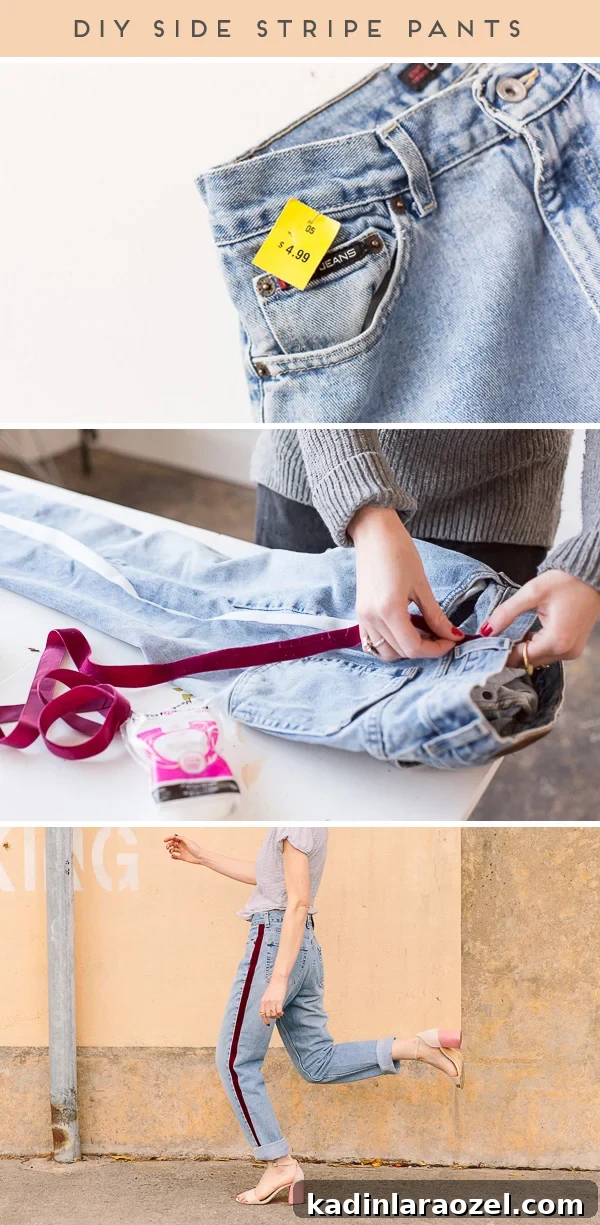 No-Sew DIY Side-Stripe Pants: Quick Upcycle Tutorial 2 DIY side-stripe pants. They're no-sew! Click through for the tutorial. #nosew #pants #stripes #fashion #fashiondiy #diy #tutorial