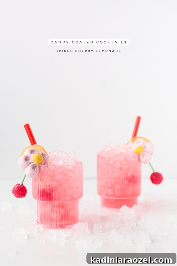 Candy-Coated Valentine’s Cocktail Recipes 3 A pink, candy-obsessed Valentine's Day cocktail recipe. Served over ice in short cocktail glasses, with candy garnish and red straws.