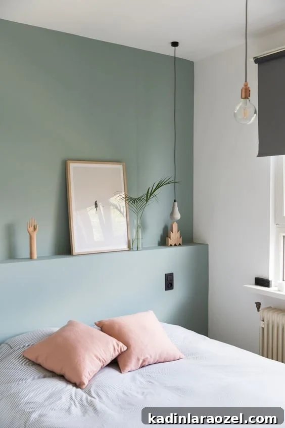 Why Sage Green Is Trending: 9 Reasons to Love the Shade 2 Photo of sage green walls in minimal bedroom with headboard shelf.
