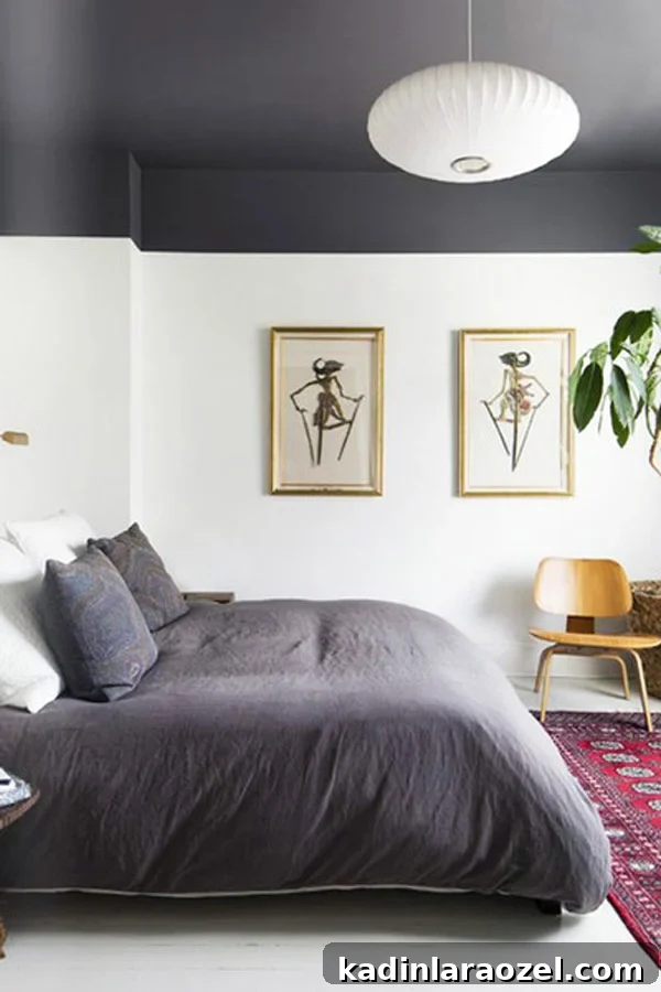 Are Painted Ceilings Worth It? Pros, Costs, and Style Tips 11 What do you think of the painted ceiling trend? Love how the paint continues down onto the walls here too - mimics molding. #interiors #moderninterior #paintedceiling