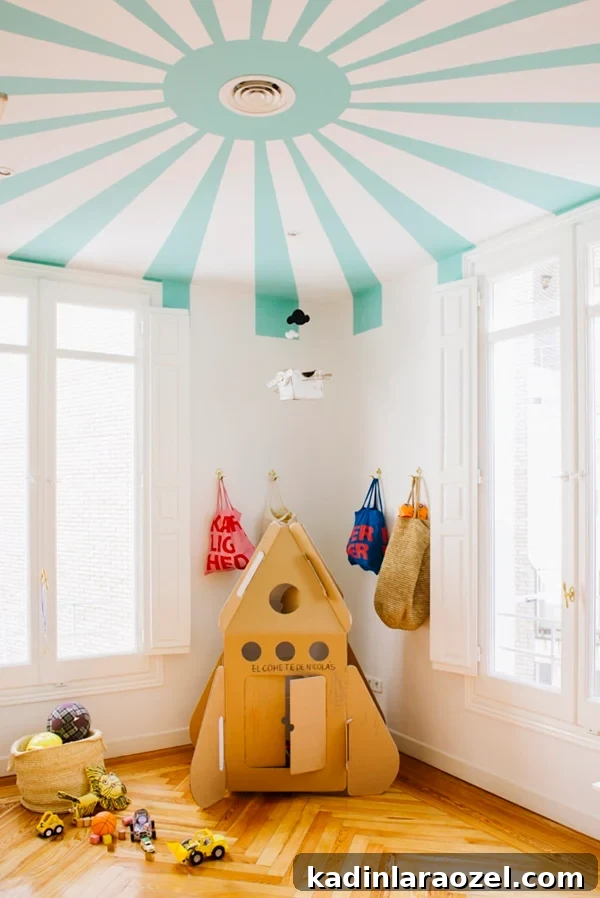 Are Painted Ceilings Worth It? Pros, Costs, and Style Tips 5 What do you think of the painted ceiling trend? This circus-inspired paint job is super cute for a little kids room. #paintedceiling #kidsroom #coollkidsroon #interiors