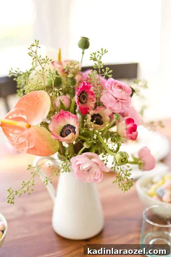 Host a Simple Spring Dinner Party for Mother's Day Celebration 4 How to throw a (minimal) spring dinner party - add flowers from the grocery store to empty pitchers or vases as centerpieces. #spring #dinnerparty #entertaining #springentertaining