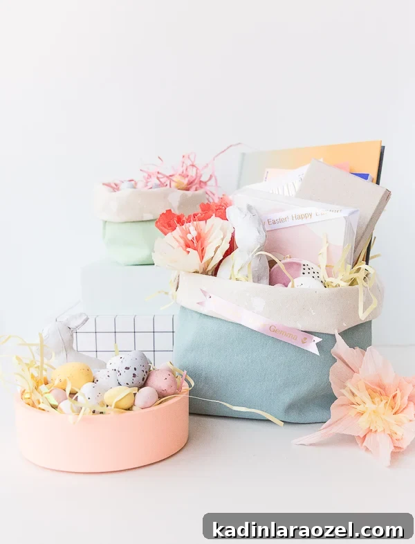 Modern canvas DIY Easter basket with Easter candy and presents inside.