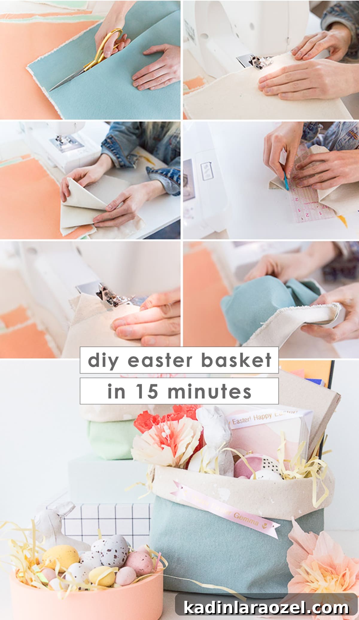 Step by step photos that show how to make a DIY Easter basket with canvas.
