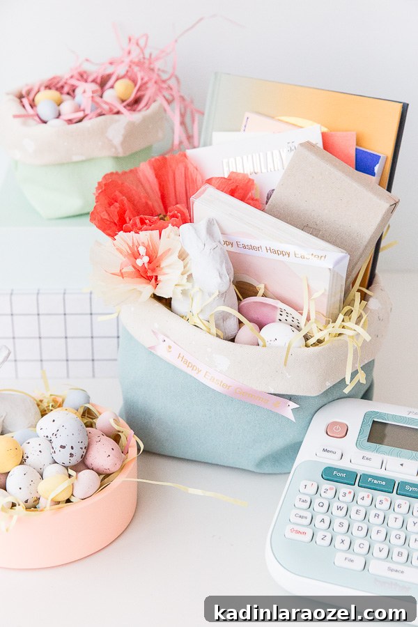 Minimal, modern Easter baskets made of canvas, sitting on a table with Easter candy.