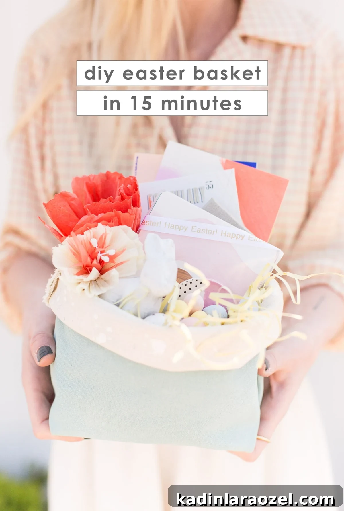 Woman holding a homemade Easter basket with candy and gifts.