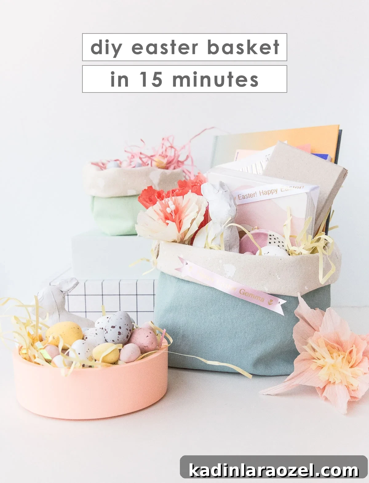 Colorful homemade Easter baskets with candy and gifts inside.