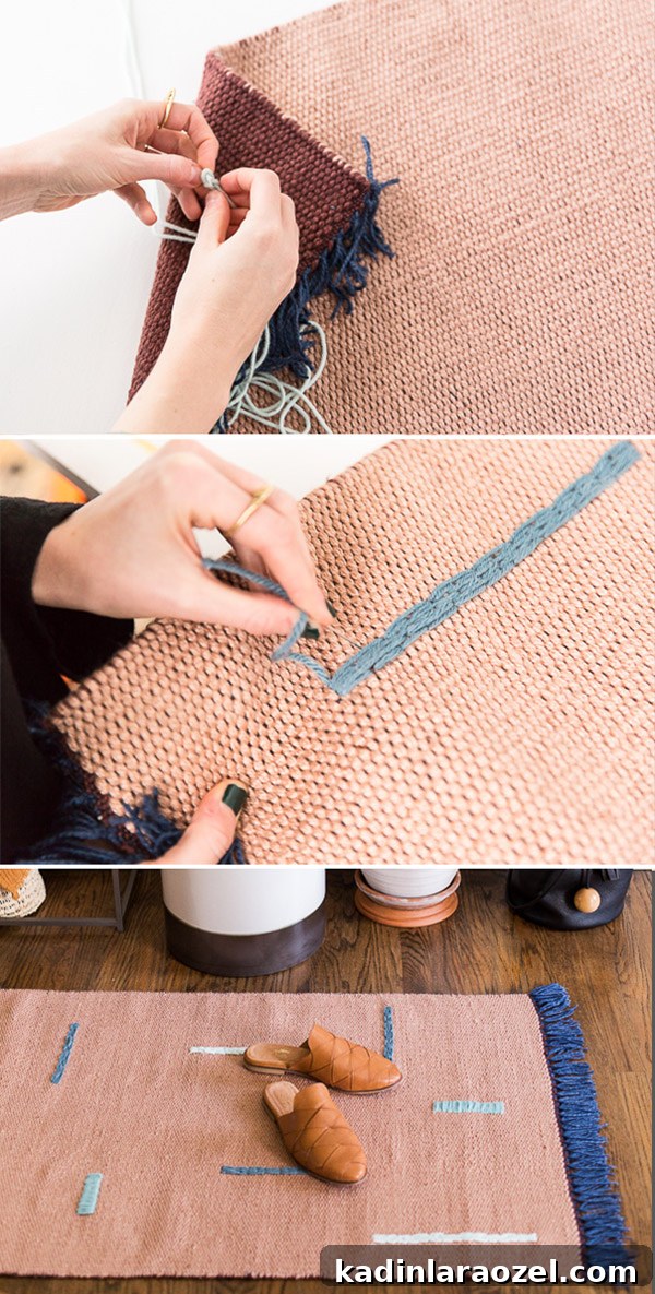 How to customize a plain rug with 2 different embroidery techniques (DIY). #rug #diyrug #entryway #neutrals