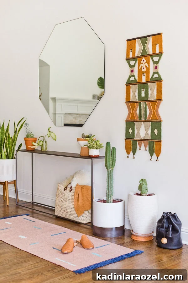 How to Customize a Plain Rug with Embroidery (DIY). #rug #diyrug #interior #entryway #neutrals #plantlife