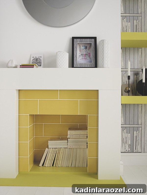 7 Stylish Ways to Use Wall Tile Beyond the Backsplash 5 Tiling the inside of the fireplace and the surround? Yes, please! Want more alternative tiling ideas? Click through for 7 unique and refreshing ways to use wall tiles. #tiling #tilework #interiors #colorful #geometric #uniquetilework