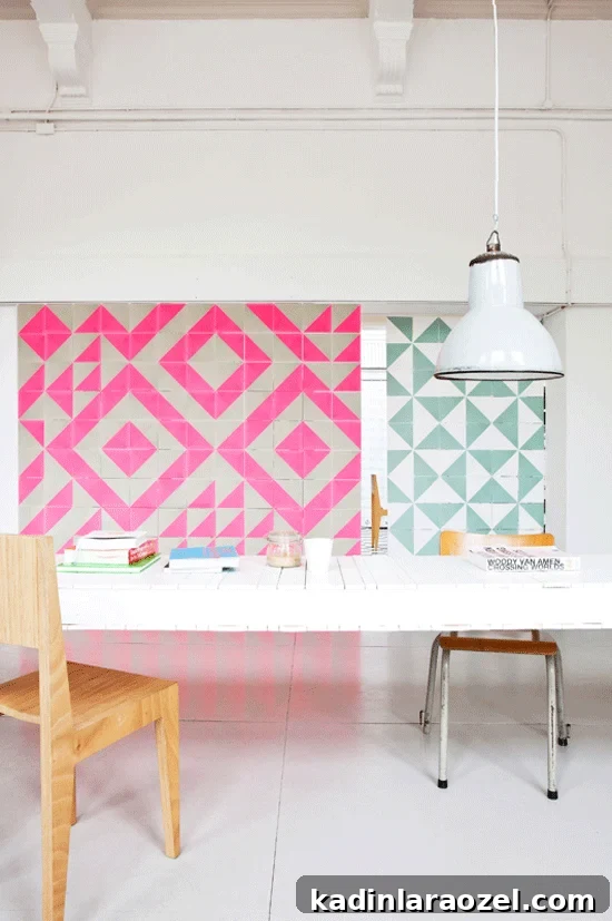 7 Stylish Ways to Use Wall Tile Beyond the Backsplash 8 Colorful geometric tiles! Click through for 7 unique and refreshing ways to use wall tiles. #tiling #tilework #interiors #colorful #geometric #uniquetilework