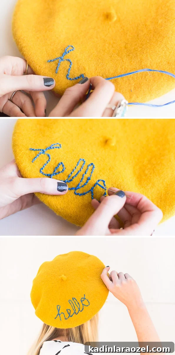 Embroider a message on an inexpensive beret to stand out from the crowd. #diy #embroidery #beret #tutorial #fashion