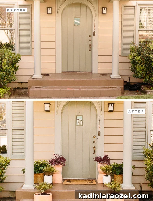 Spring Porch Plant Ideas & DIY Totem Planters for Small Spaces 3 Two images that show before and after of small, simple porch makeover.