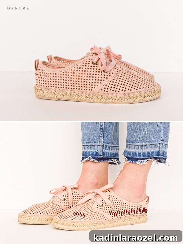 Flower embroidery on perforated shoes.
