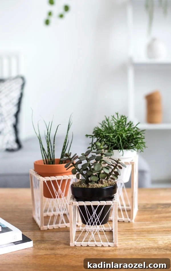 A simple yet decorative DIY planter idea that uses wood and string for a unique look.