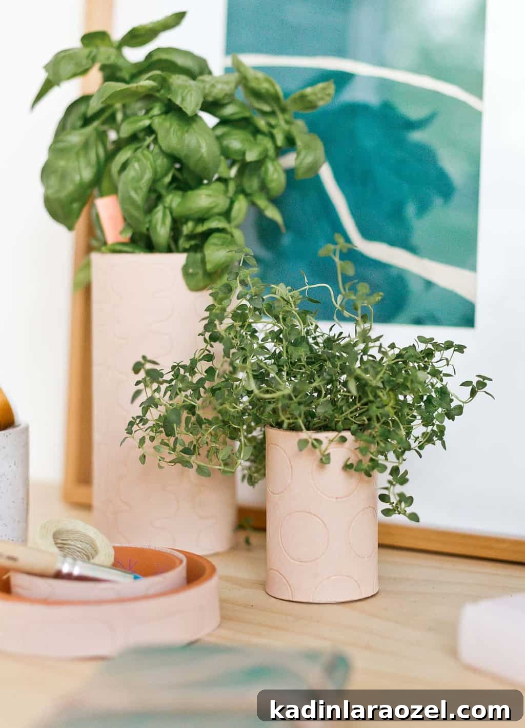 Leather planters with polka dot pattern embossed on them and herbs inside, on a wood desk