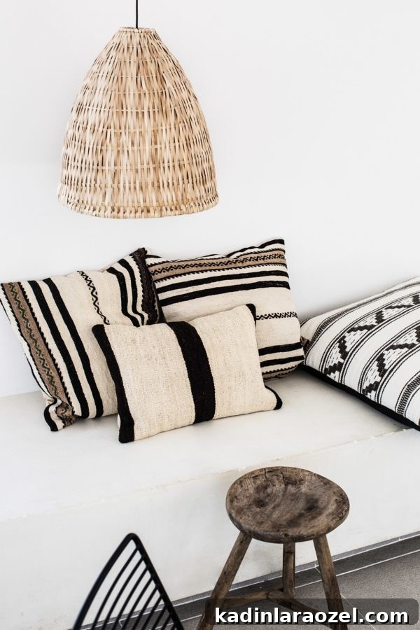 built-in bench with wicker lamp and mudcloth pillows