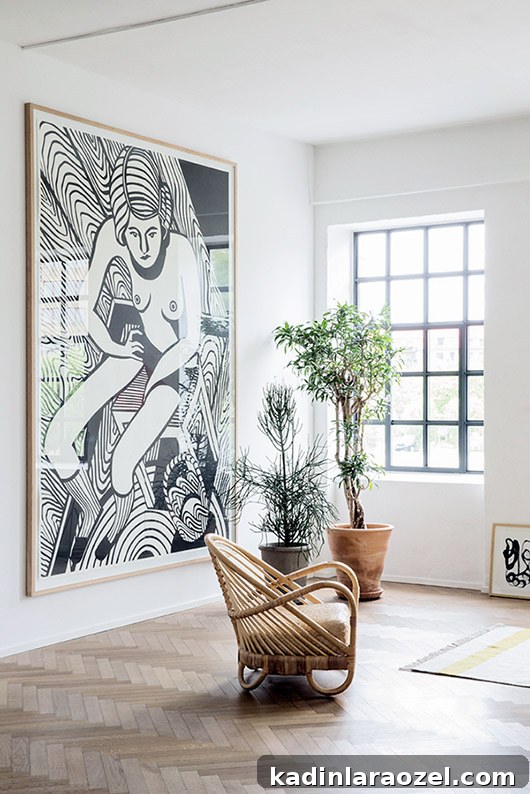 Large modern living room with oversized artwork