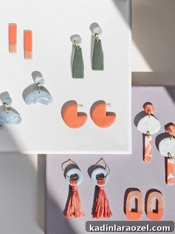 Make Clay Earrings: DIY Techniques to Craft Head-Turning Jewelry 11 Clay earrings in various techniques and colors (marbled, color blocked, mixing colors, creating different shapes, etc).