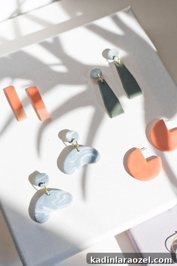Make Clay Earrings: DIY Techniques to Craft Head-Turning Jewelry 12 Clay earrings closeup detail of marbling and color blocking DIY clay techniques.