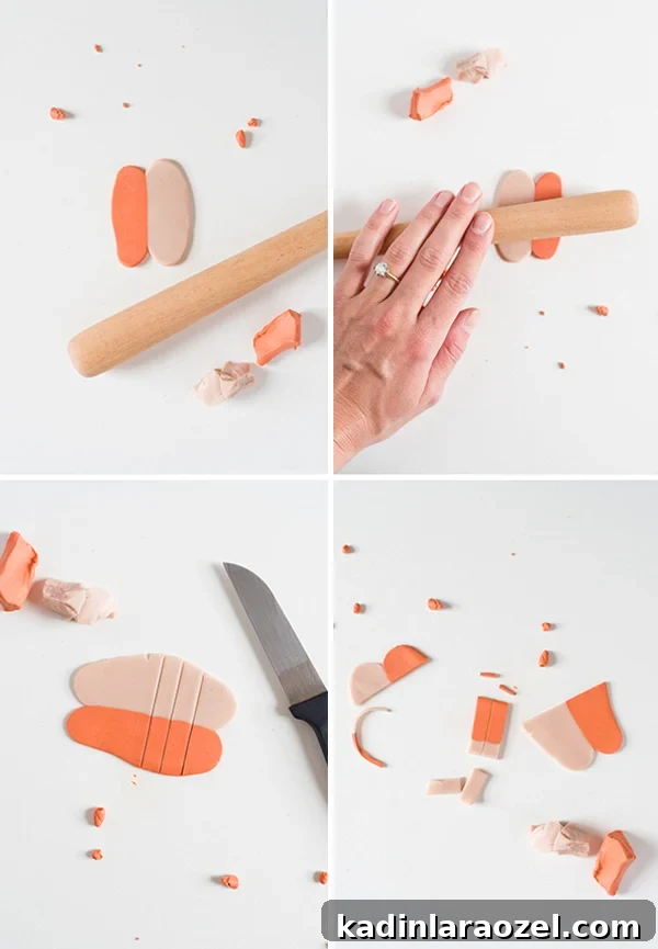 Make Clay Earrings: DIY Techniques to Craft Head-Turning Jewelry 6 Instruction photos for rolling and cutting polymer clay into earrings