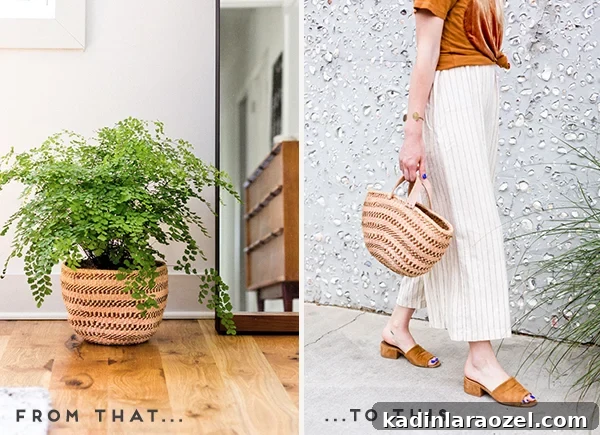 Side by side of basket with two different uses - as a planter and as a purse
