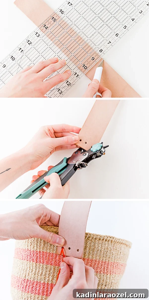 Instructions for attaching leather handles to plan baskets to make a basket bag