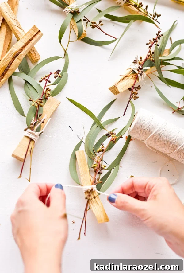 Learn how to make eucalyptus palo santo bundles as gifts and wedding favors on Paper and Stitch. It's easy and super affordable! #palosanto #incense #diyincense #diystressrelief #diyweddingfavor #diygift