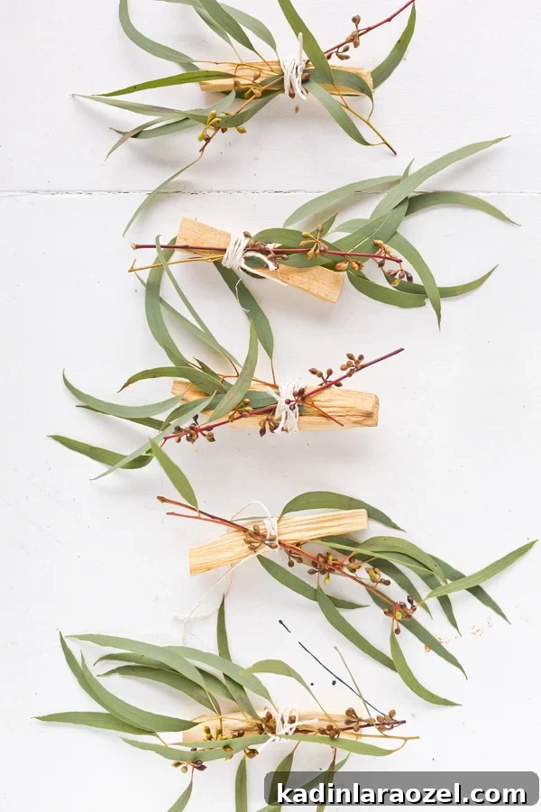 DIY eucalyptus palo santo bundles as gifts and wedding favors from Paper and Stitch. Click through for more. #palosanto #incense #diyincense #diystressrelief #diyweddingfavor #diygift