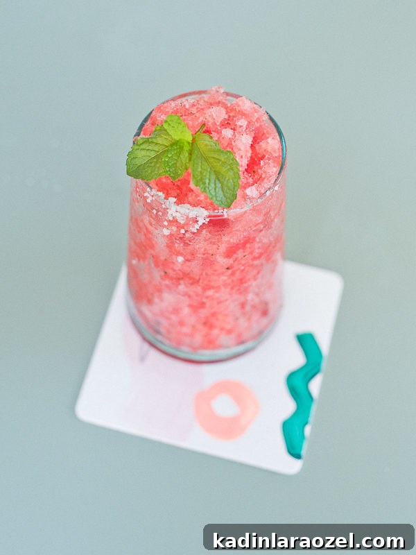 Watermelon Granita Recipe: Refreshing Melon Head Granita (Alcohol Optional) 4 Salted watermelon granita mojito with mint sprig in short glasses.