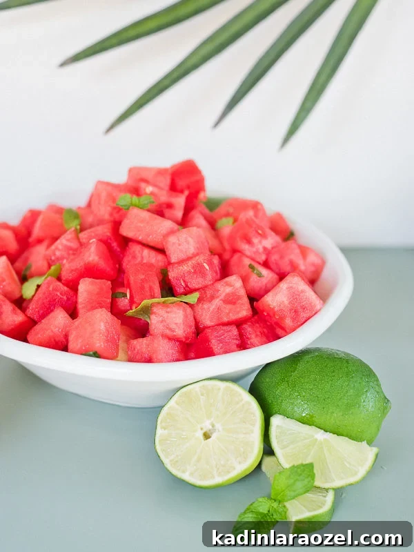Watermelon Granita Recipe: Refreshing Melon Head Granita (Alcohol Optional) 5 A simple mint and watermelon salad in a white bowl with a squeeze of lime.