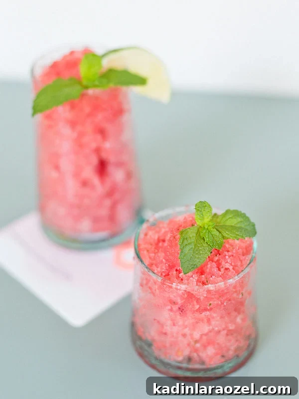 Watermelon Granita Recipe: Refreshing Melon Head Granita (Alcohol Optional) 6 Watermelon granita is a short glass with a sprig of mint of top.