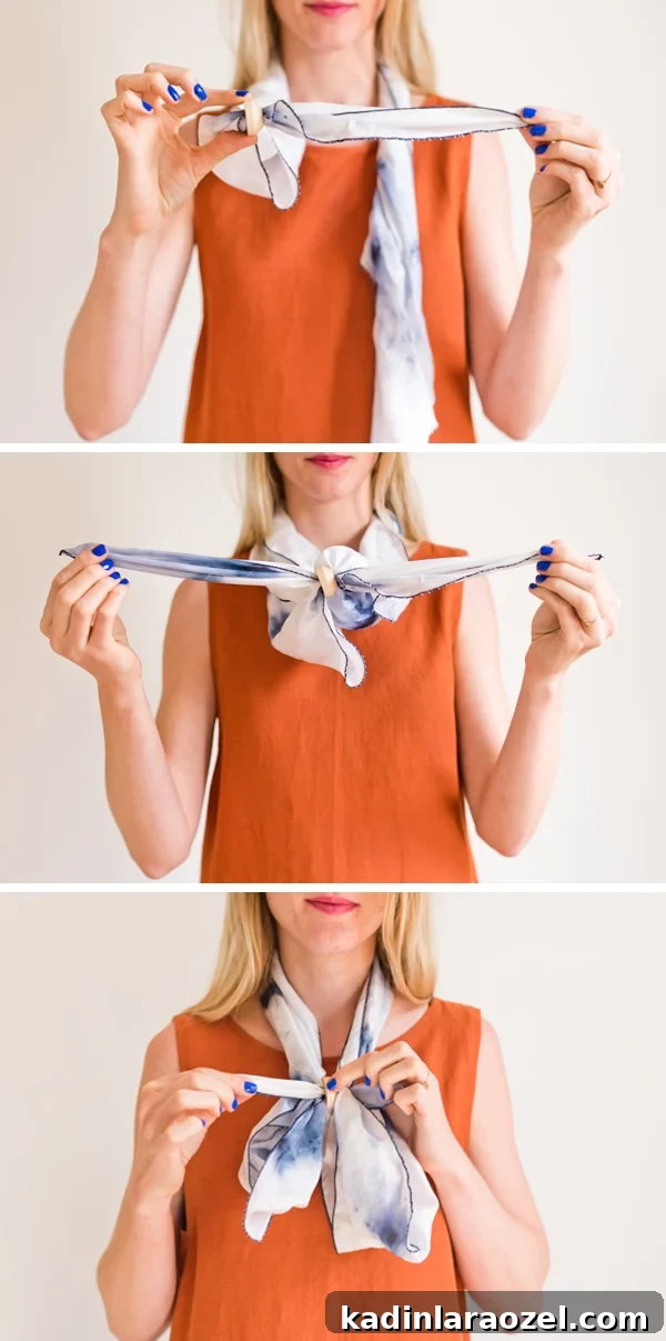 How to style 'the bowtie'. Click through for all six ways to style a silk scarf, with step by step photos for recreating each look at home. #scarfstyling #howtostylescarf #silkscarf #fashiondiy #fashionstyling