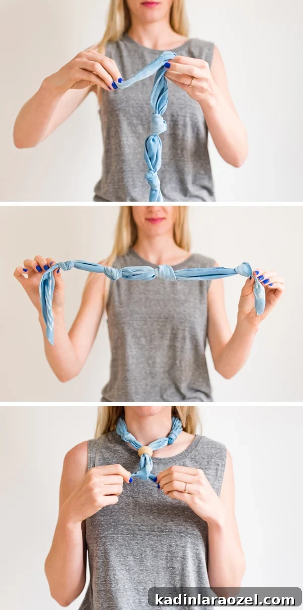 How to style 'the knotted necklace'. Click through for all six ways to style a silk scarf, with step by step photos for recreating each look at home. #scarfstyling #howtostylescarf #silkscarf #fashiondiy #fashionstyling
