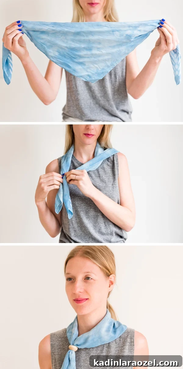 How to style 'the triangle bolo'. Click through for all six ways to style a silk scarf, with step by step photos for recreating each look at home. #scarfstyling #howtostylescarf #silkscarf #fashiondiy #fashionstyling